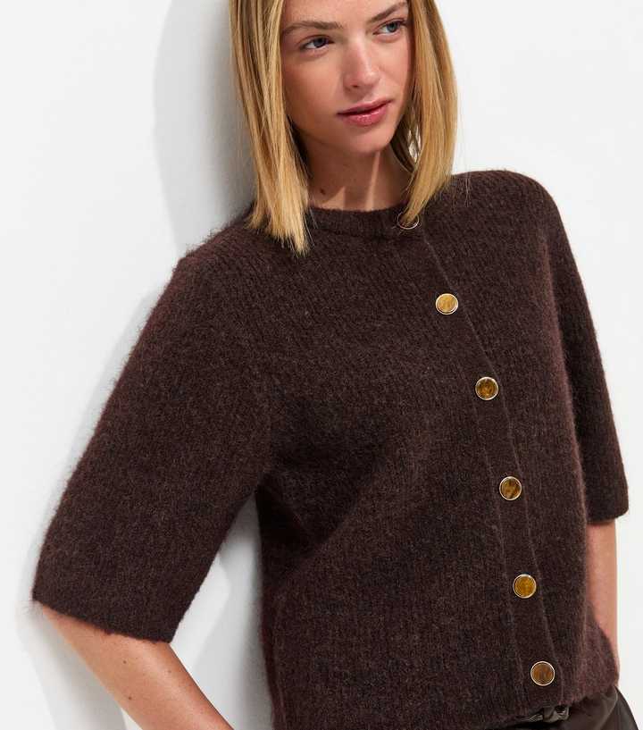 Dark Brown Short Sleeve Button Front Cardigan