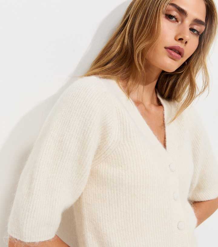 Cream Ribbed Knit Puff Sleeve Cardigan with Wool