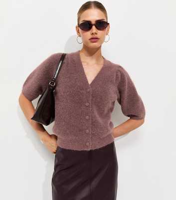 Dark Pink Ribbed Knit Puff Sleeve Cardigan
