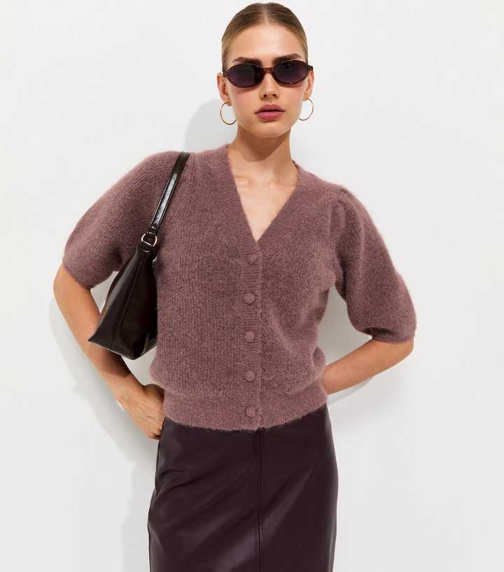 Dark Pink Ribbed Knit Puff Sleeve Cardigan