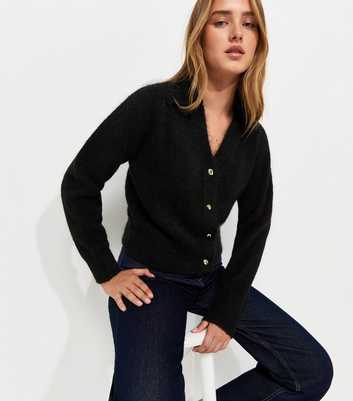 Black Collared V-Neck Knitted Cardigan with Wool