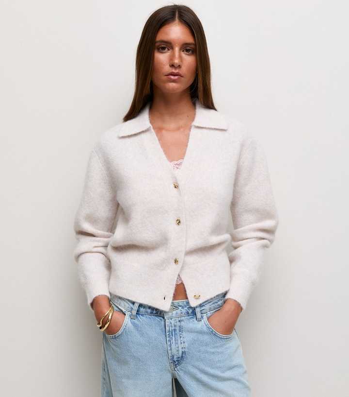 Cream Collared V-Neck Knitted Cardigan