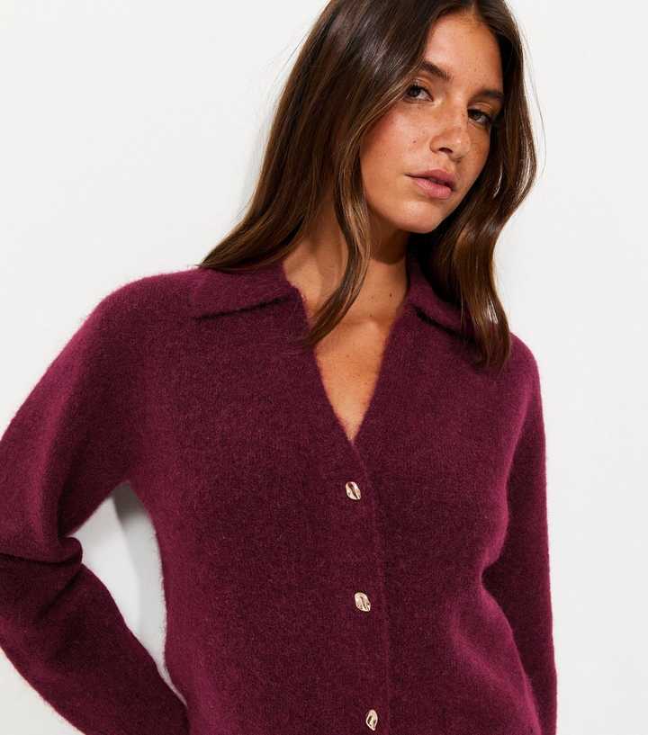 Dark Burgundy Collared V-Neck Knitted Cardigan