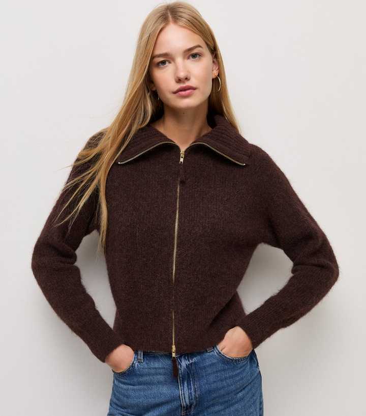 Dark Brown Zip Front Ribbed Knit Bomber Cardigan