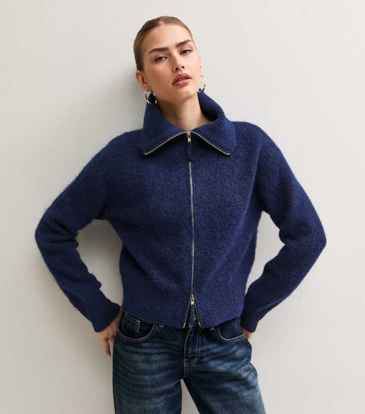 Navy Zip Front Ribbed Knit Bomber Cardigan