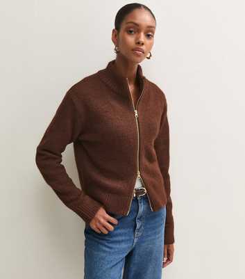 Dark Brown Zip Through Funnel Neck Cardigan