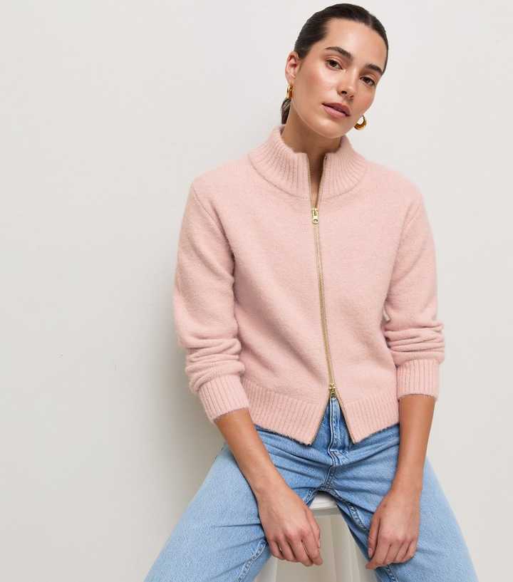 Pink Zip Through Funnel Neck Cardigan