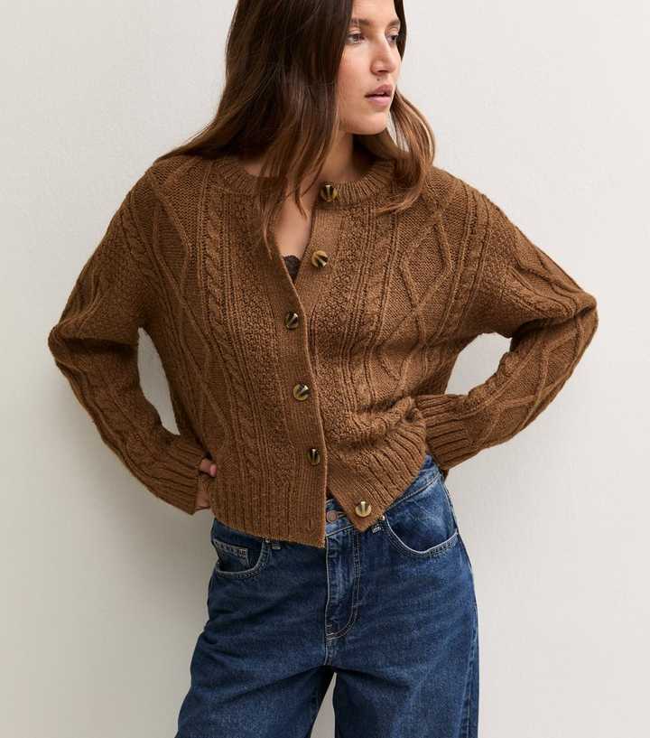Tan Cable Knit Button Front Cardigan