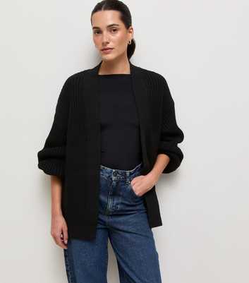 Black Ribbed Knit Balloon Sleeve Cardigan