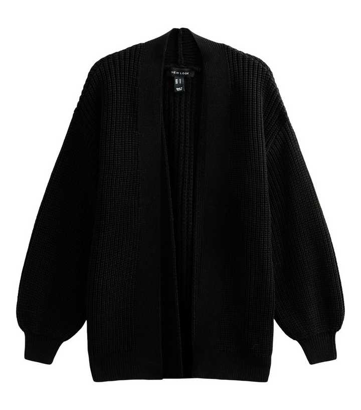 Black Ribbed Knit Balloon Sleeve Cardigan