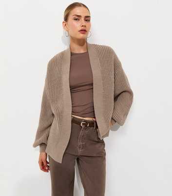 Dark Mink Ribbed Knit Balloon Sleeve Cardigan