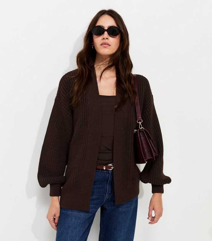 Dark Brown Ribbed Knit Balloon Sleeve Cardigan