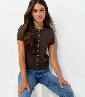 Petite Dark Brown Compact Knit Cap Sleeve Cardigan