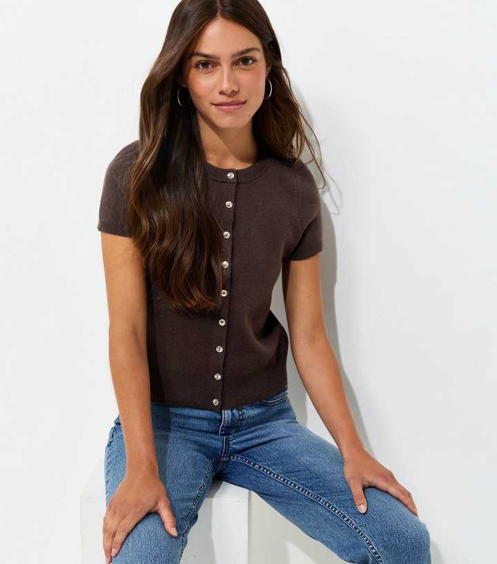 Petite Dark Brown Compact Knit Cap Sleeve Cardigan