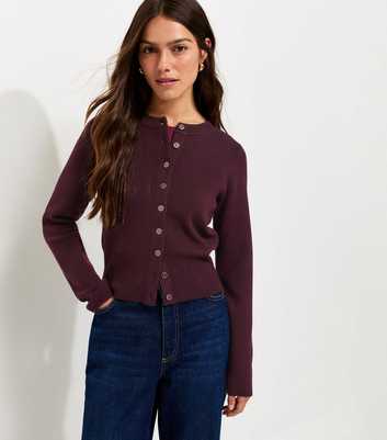 Petite Bright Purple Compact Knit Crew Neck Cardigan