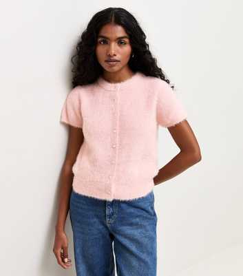 Petite Light Pink Fluffy Knit Cap Sleeve Cardigan