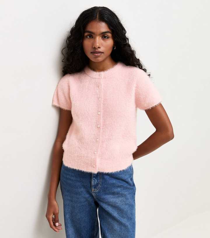 Petite Light Pink Fluffy Knit Cap Sleeve Cardigan