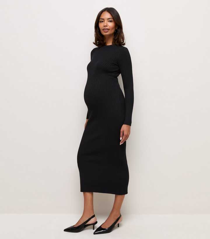 Maternity Black Lightweight Ribbed Knit Midi Dress
