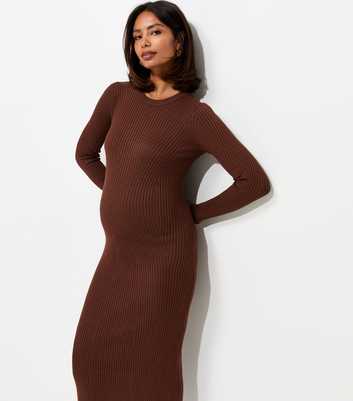 Maternity Brown Lightweight Ribbed Knit Midi Dress
