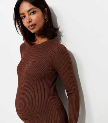 Maternity Brown Lightweight Ribbed Knit Midi Dress