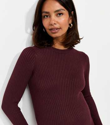 Maternity Dark Burgundy Lightweight Ribbed Knit Midi Dress
