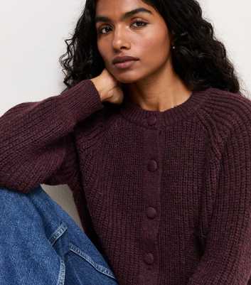 Petite Dark Burgundy Rib Knit Raglan Sleeve Cardigan