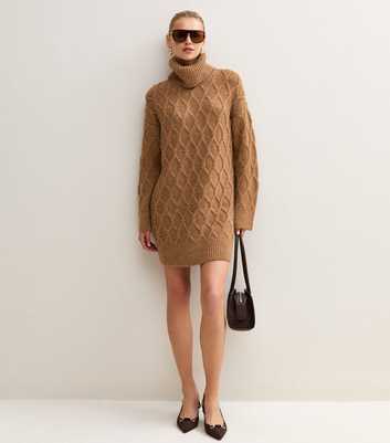 Tan Cable Knit Roll Neck Mink Dress