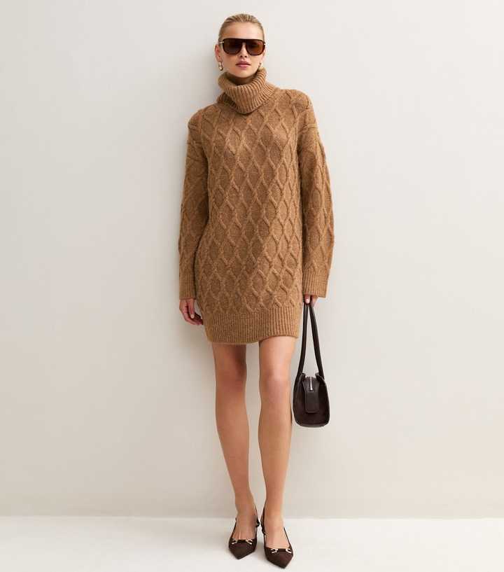 Tan Cable Knit Roll Neck Mink Dress