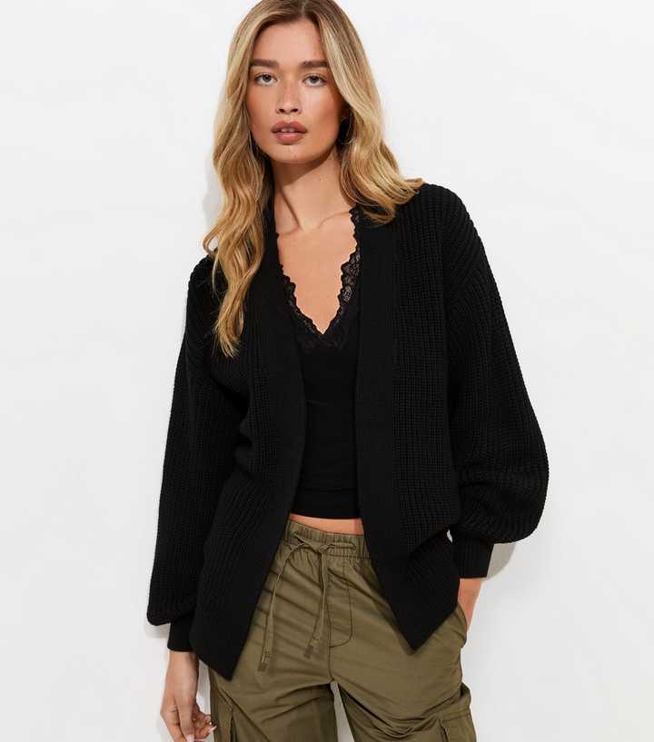 Tall Black Chunky Knit Balloon Sleeve Cardigan