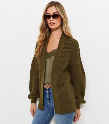 Tall Dark Khaki Chunky Knit Balloon Sleeve Cardigan
