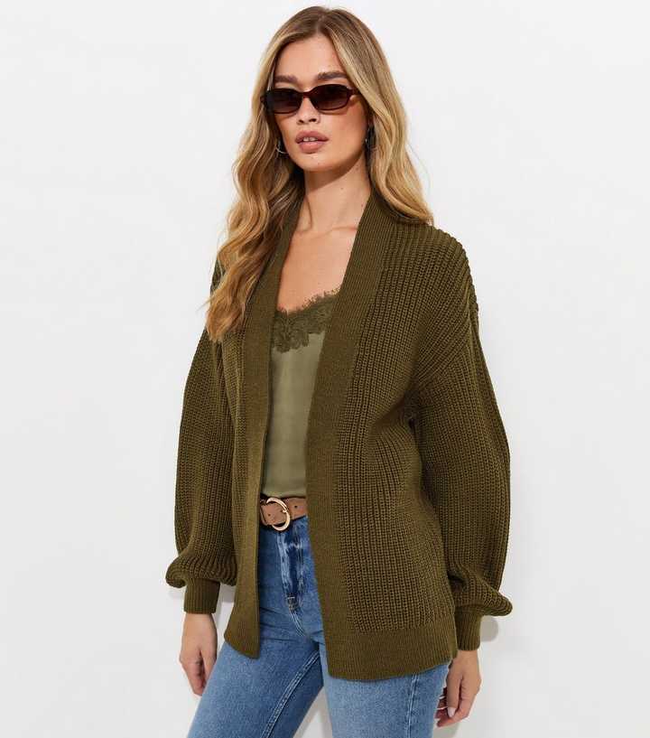 Tall Dark Khaki Chunky Knit Balloon Sleeve Cardigan