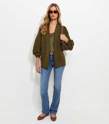 Tall Dark Khaki Chunky Knit Balloon Sleeve Cardigan