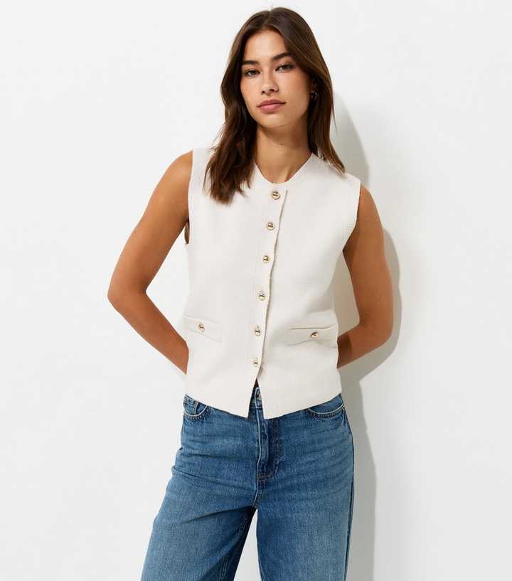 Cream Midweight Knit Dome Button Waistcoat