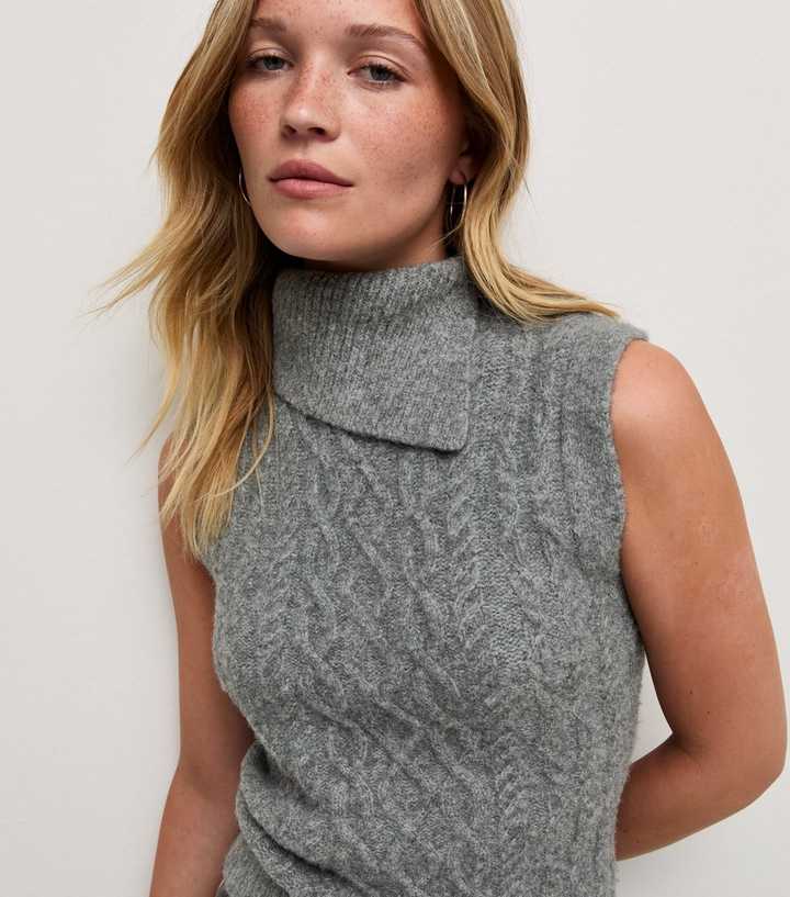 Grey Cable Knit Roll Neck Tabard Vest