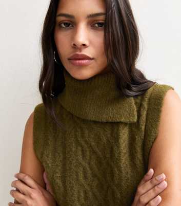 Light Khaki Cable Knit Roll Neck Tabard Vest