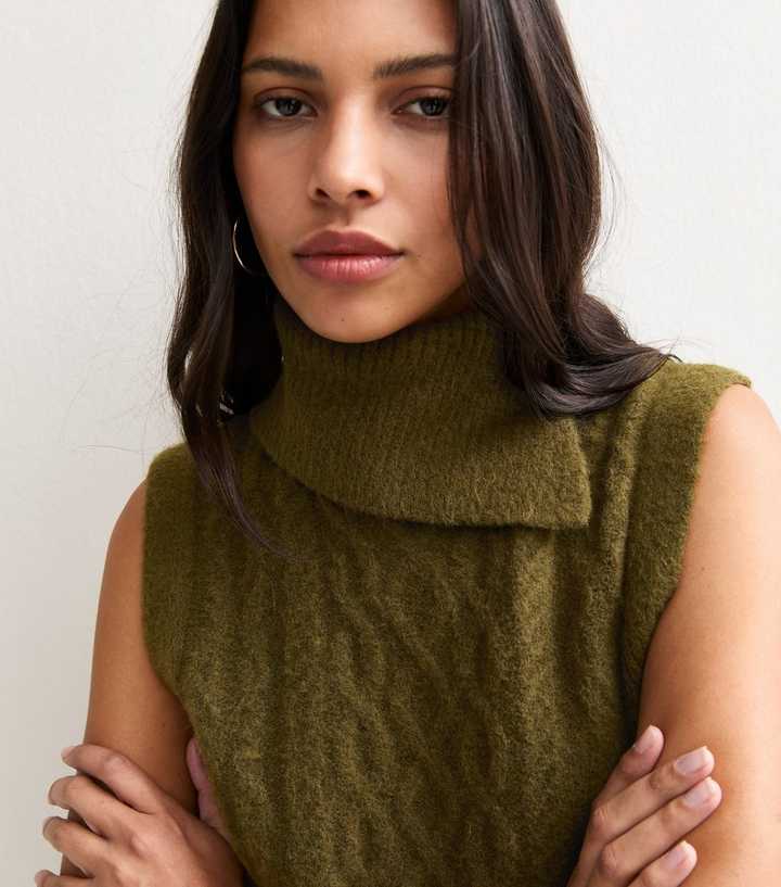 Light Khaki Cable Knit Roll Neck Tabard Vest