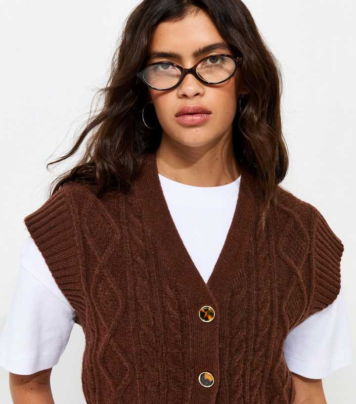 Dark Brown Cable Knit V-Neck Waistcoat