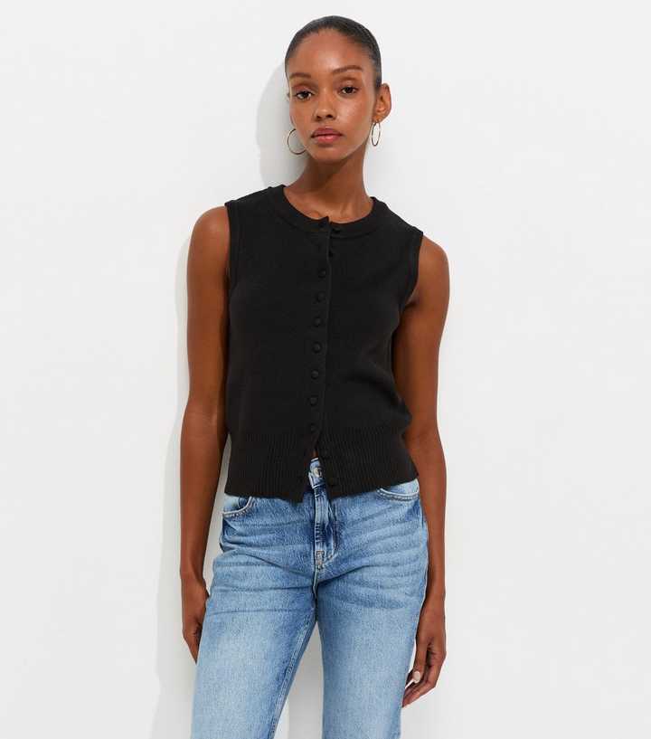 Black Compact Knit Button Through Waistcoat