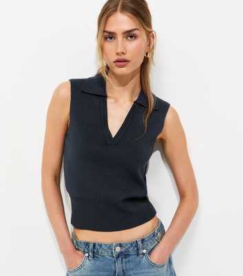 Navy Compact Knit Sleeveless Polo Vest Top