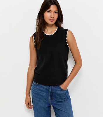 Black Contrast Trim Scalloped Edge Knitted Tabard Vest