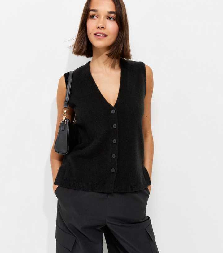 Black Knit Button Through V-Neck Waistcoat