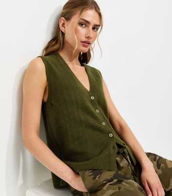 Dark Khaki Knit Button Through V-Neck Waistcoat