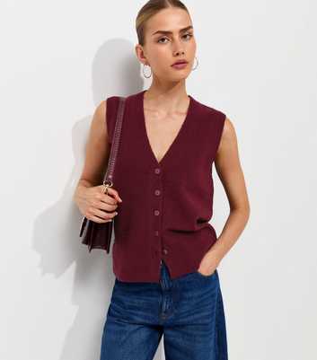 Dark Burgundy Knit Button Through V-Neck Waistcoat