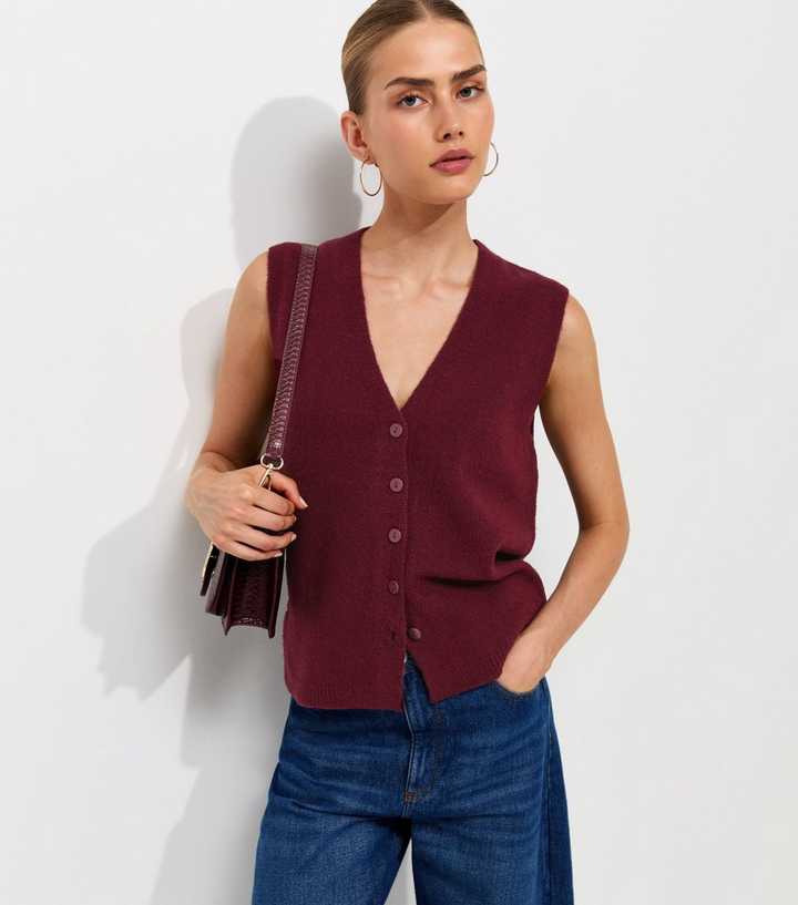 Dark Burgundy Knit Button Through V-Neck Waistcoat