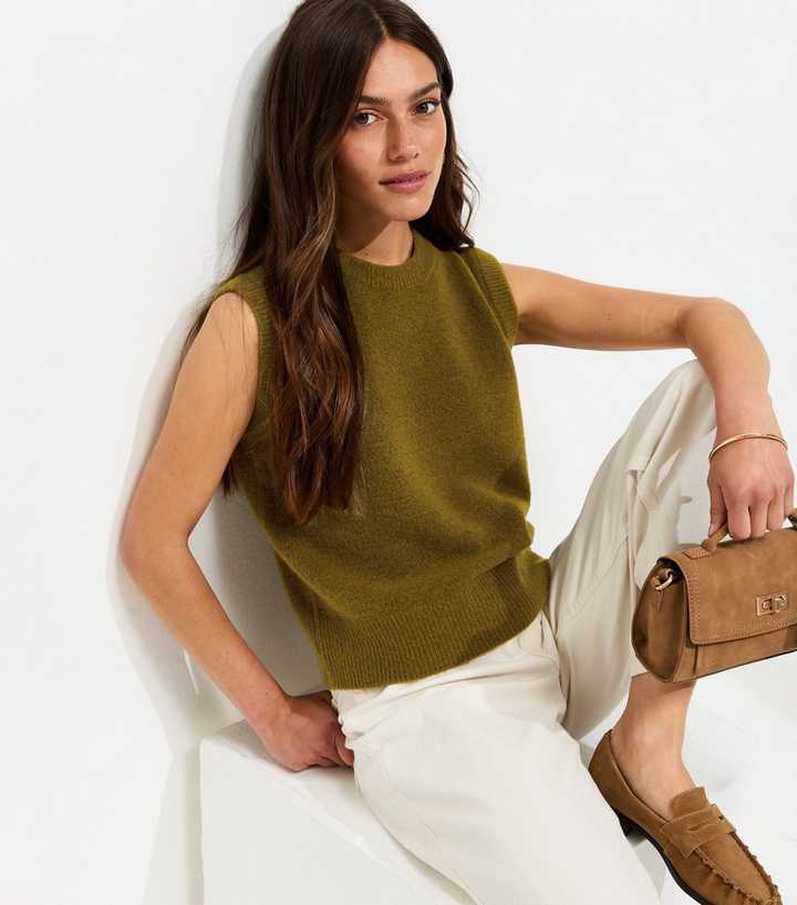 Petite Light Khaki Midweight Knitted Sleeveless Top