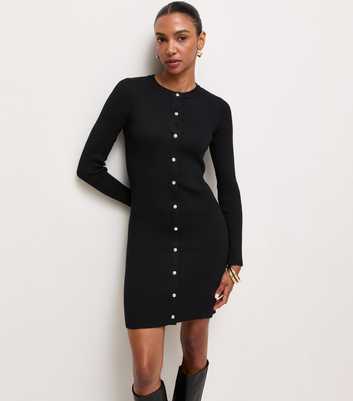Black Lightweight Knit Button Front Mini Dress
