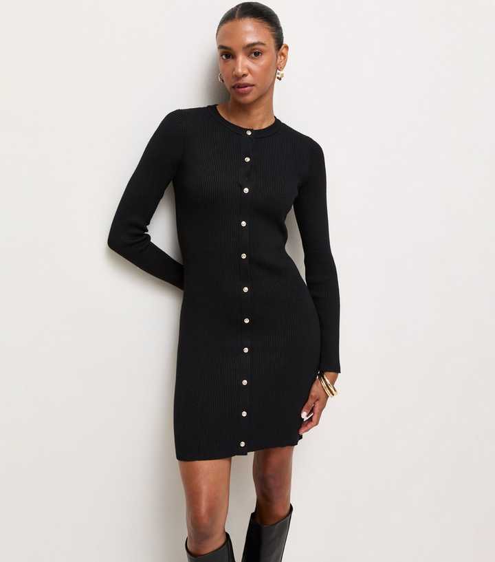 Black Lightweight Knit Button Front Mini Dress