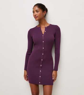 Dark Purple Lightweight Knit Button Front Mini Dress