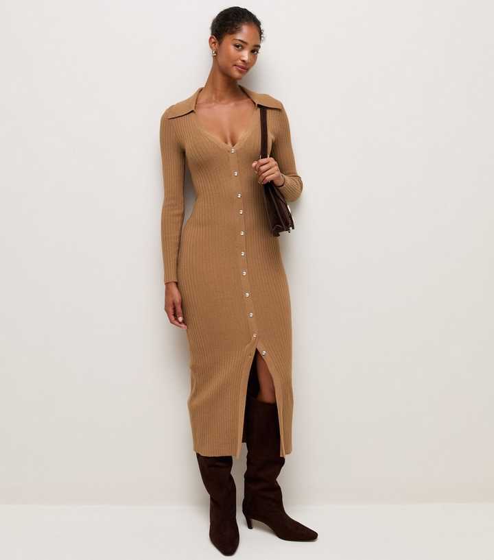 Camel Lightweight Ribbed Knit Collared Midi Dress