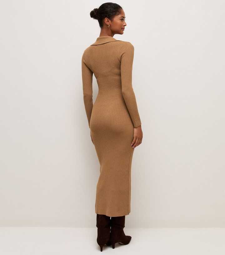 camel roll neck ribbed knitted midi dress Lightweight Knit Collared New Jersey designer boutique
